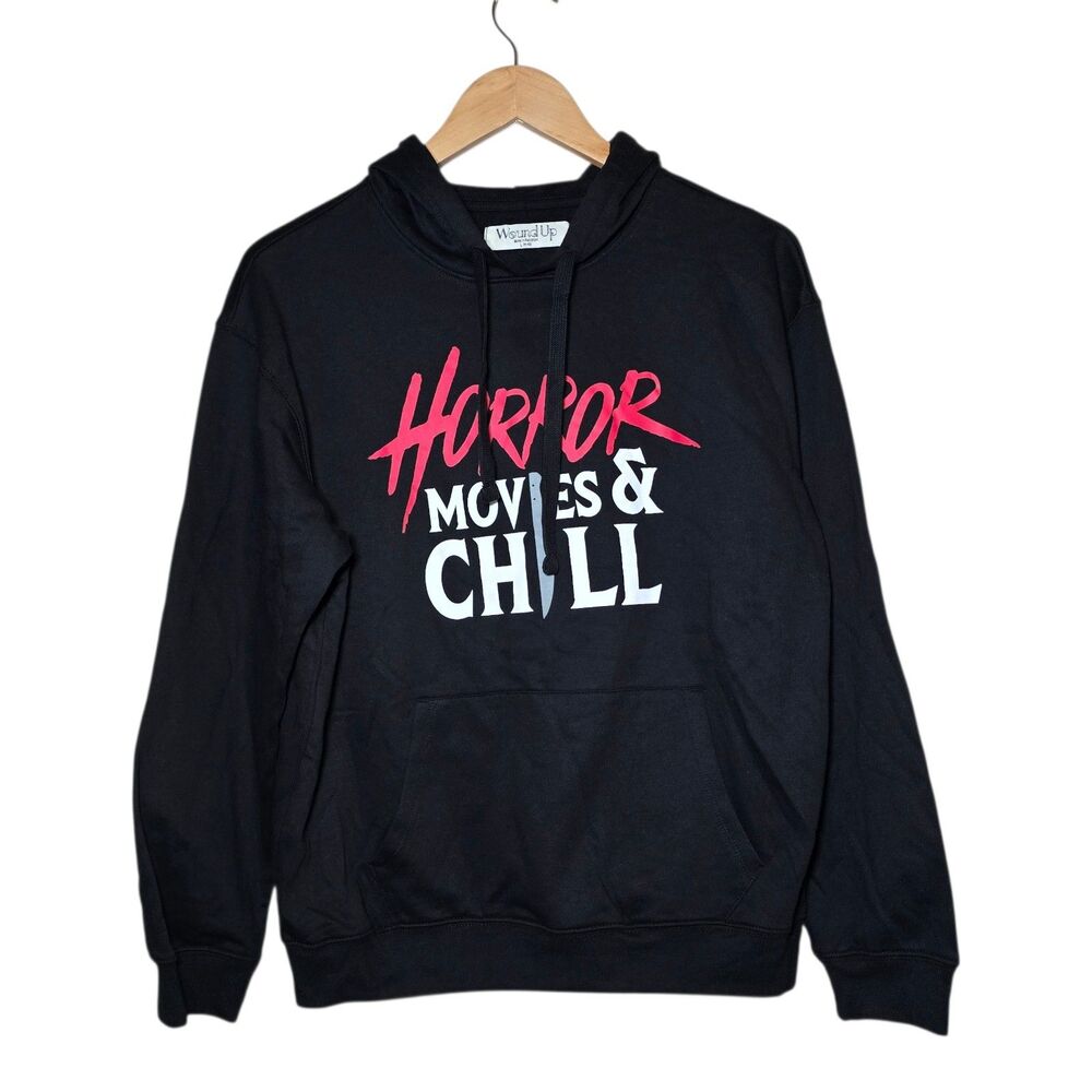 Wound Up Horror Movies & Chill Hoodie Juniors Large (11-13) Black Graphic NWOT